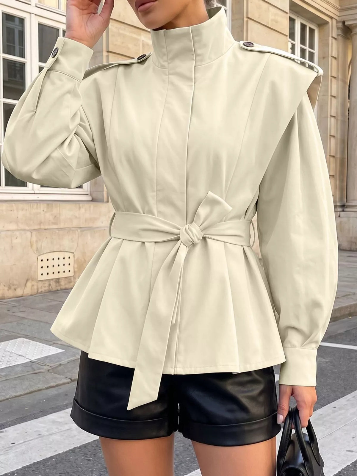 Stand-Collar Belted Outerwear - Beige - View 1