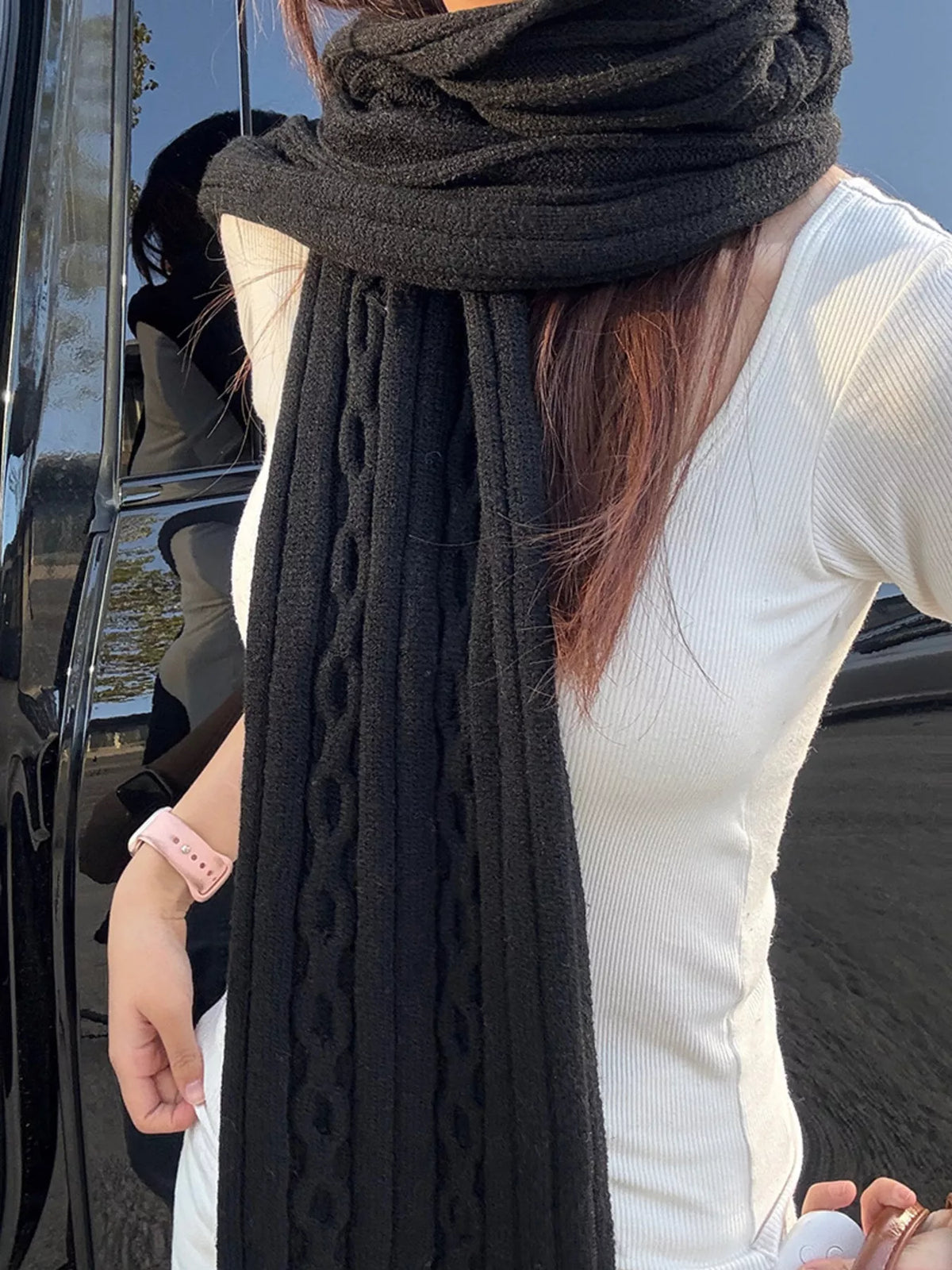 Textured Knit Winter Scarf - Black - View 3