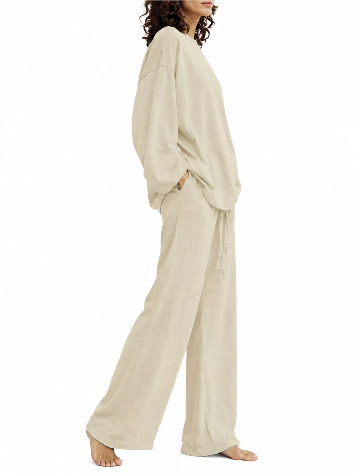 Full Size Round Neck Top and Drawstring Wide-Leg Pants Set Plus Size - Light Brown - View 10