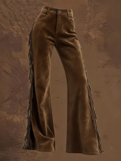 Fringed High Waist Pants - Brown - View 3