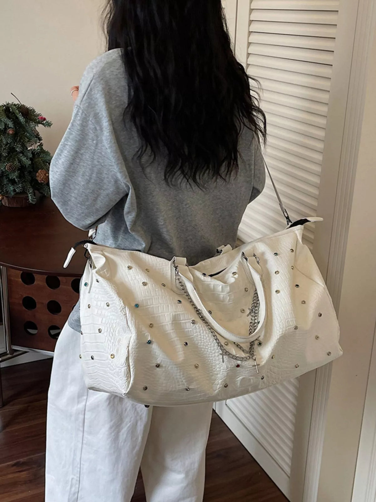 Studded Large Capacity Travel Bag - Ivory - View 7