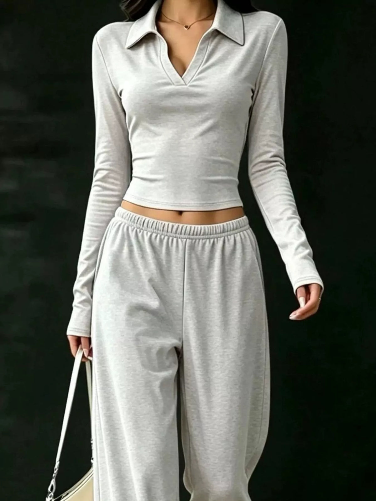 Long-Sleeve Polo Top and Wide-Leg Pants Set - Light Gray - View 10