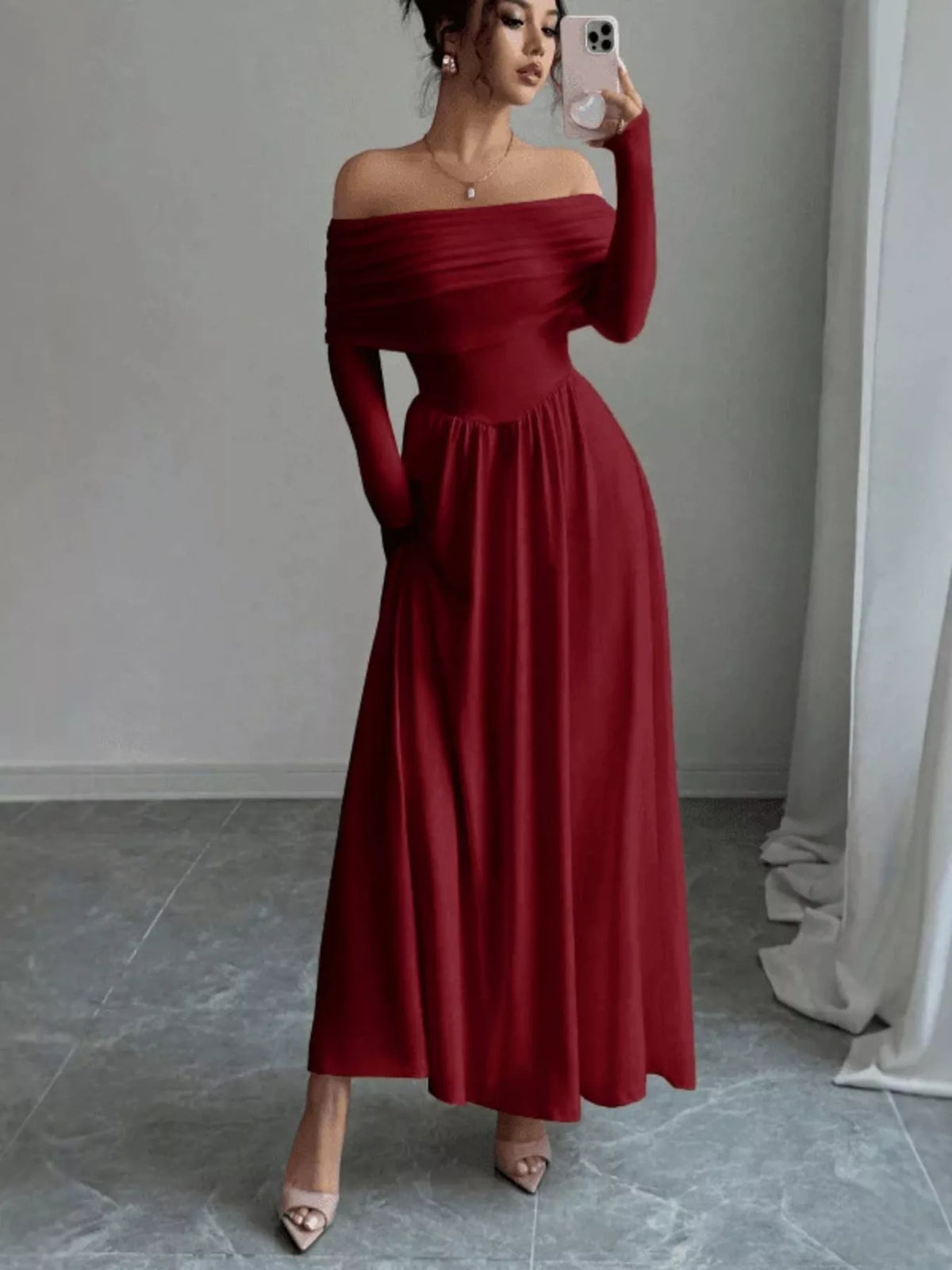 Off-Shoulder Long Sleeve Maxi Dress - Red - View 1