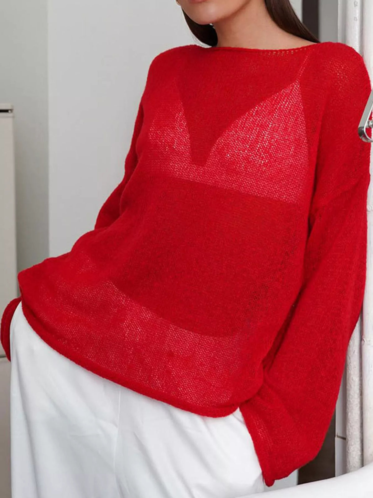 Lightweight Dropped Shoulder Knit Cover Up - Red - View 12