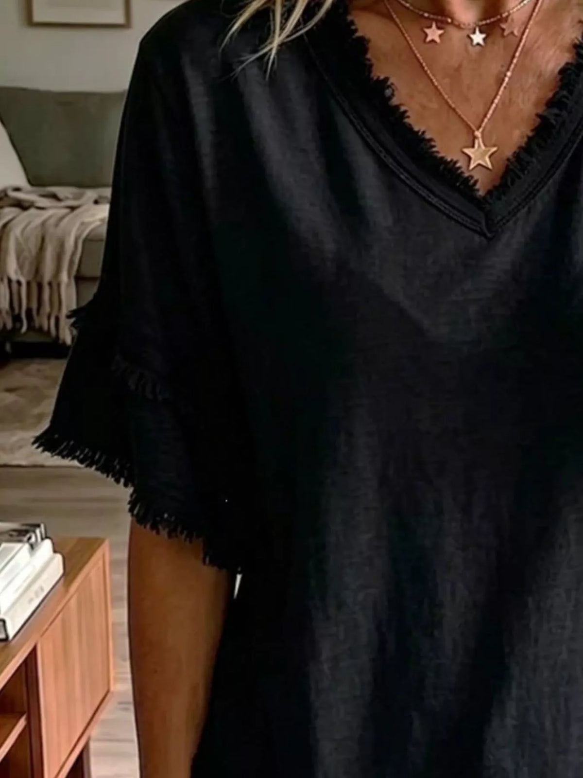 Full Size Frayed Edge V-Neck Blouse Plus Size - Black - View 2