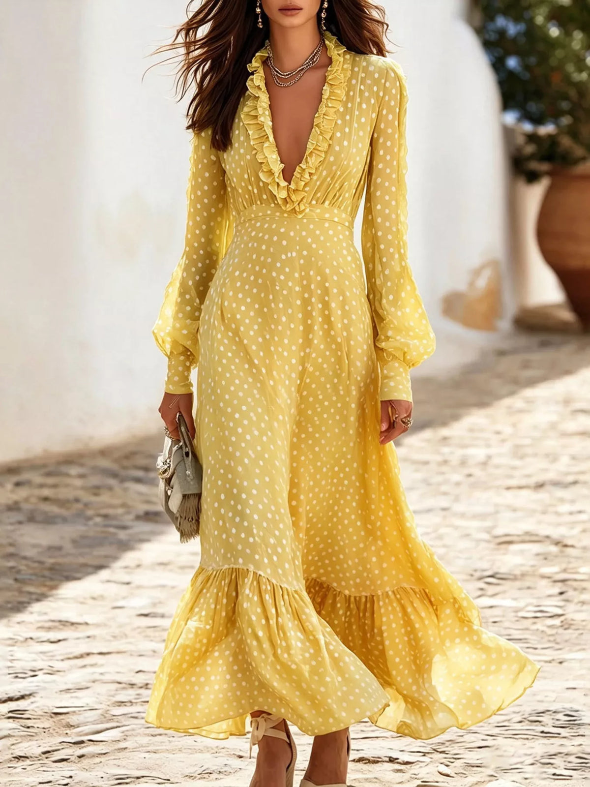 Full Size Polka Dot Ruffle V-Neck Maxi Dress Plus Size - Pastel Yellow - View 1