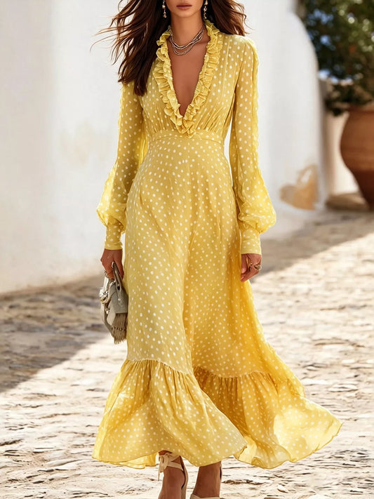 Full Size Polka Dot Ruffle V-Neck Maxi Dress Plus Size - Pastel Yellow - View 1