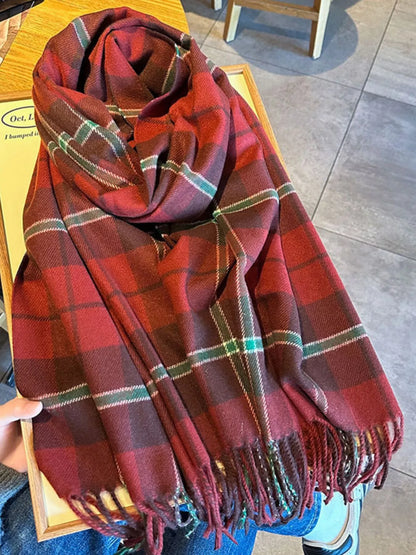 Classic Plaid Fringe Scarf - Red - View 3