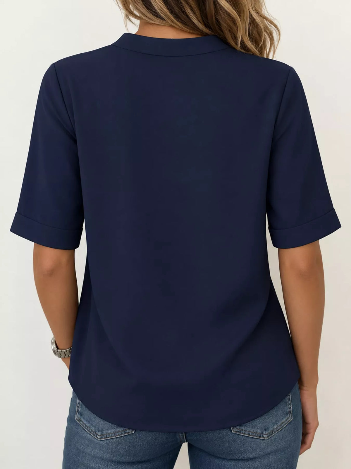 Full Size Notched Short Sleeve Blouse Plus Size - Navy - View 29