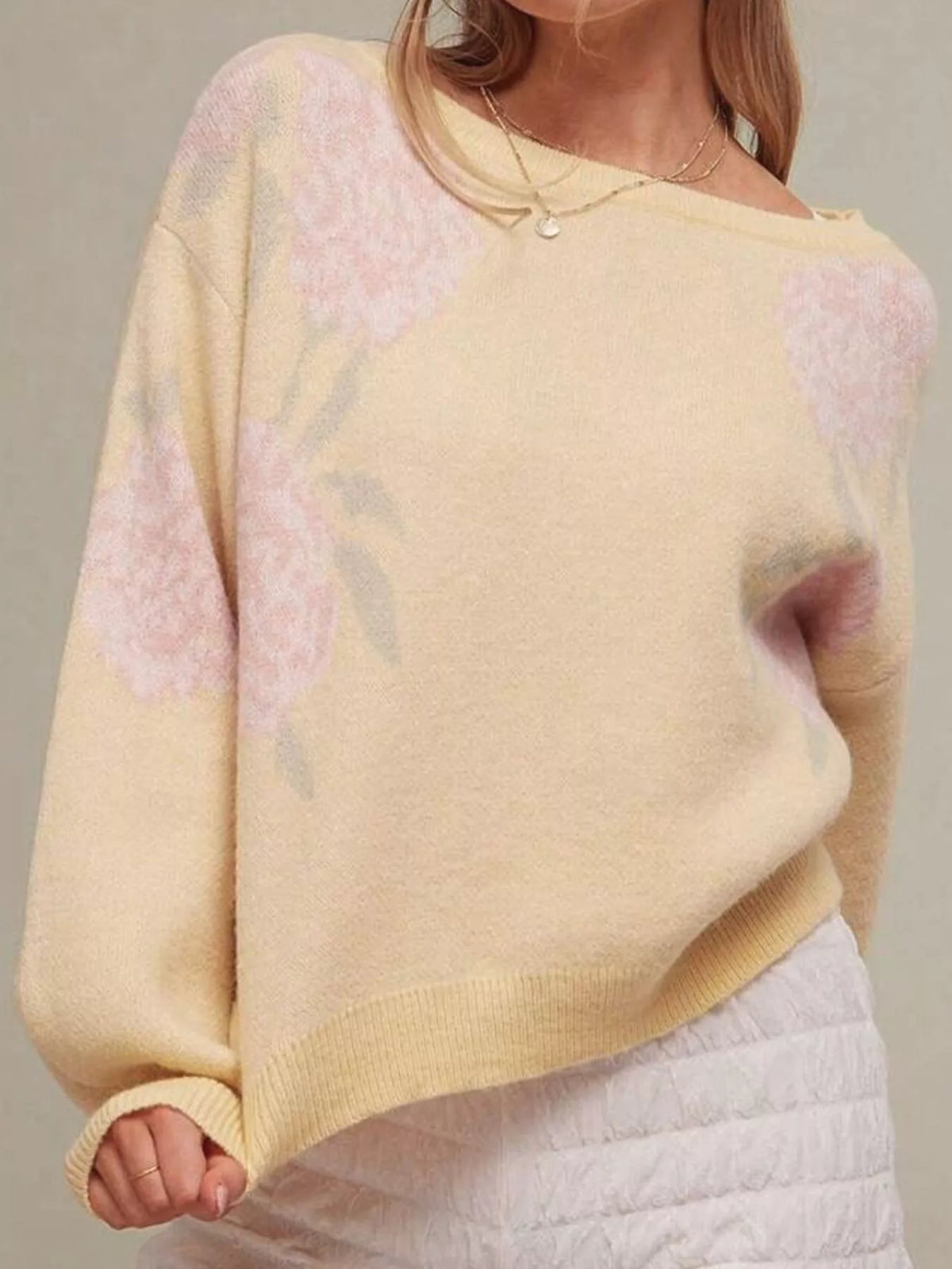Floral Pattern Dropped Shoulder Sweater - Yellow - View 15