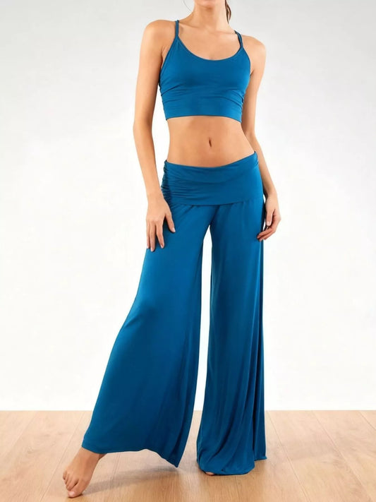 High-Waisted Fold-Over Wide Leg Active Pants - Blue - View 1