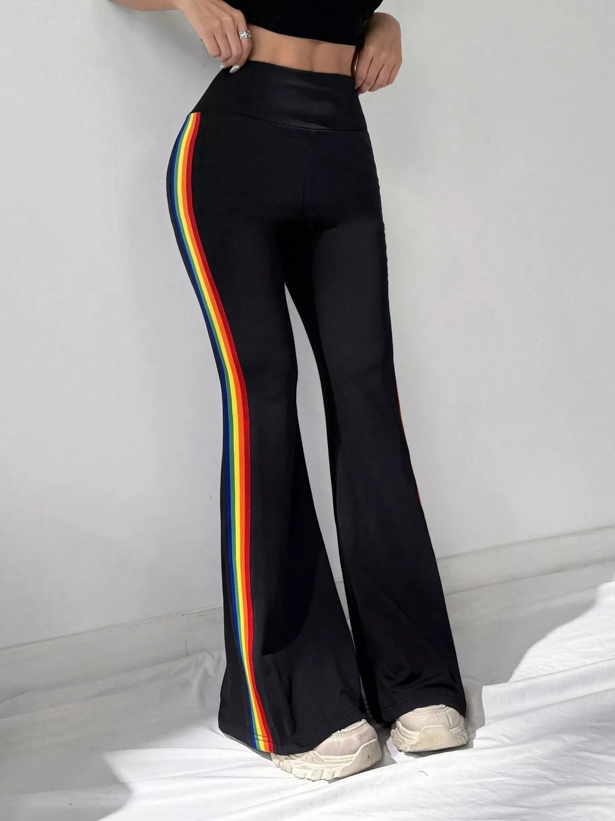 High-Waisted Side-Striped Flare Active Pants - Black and Color Strips - View 4