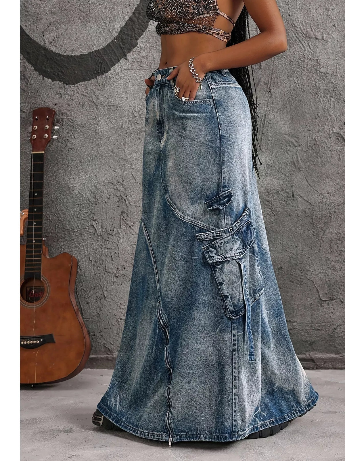 High-Waisted Denim Maxi Skirt with Zipper Slit - Blue - View 4