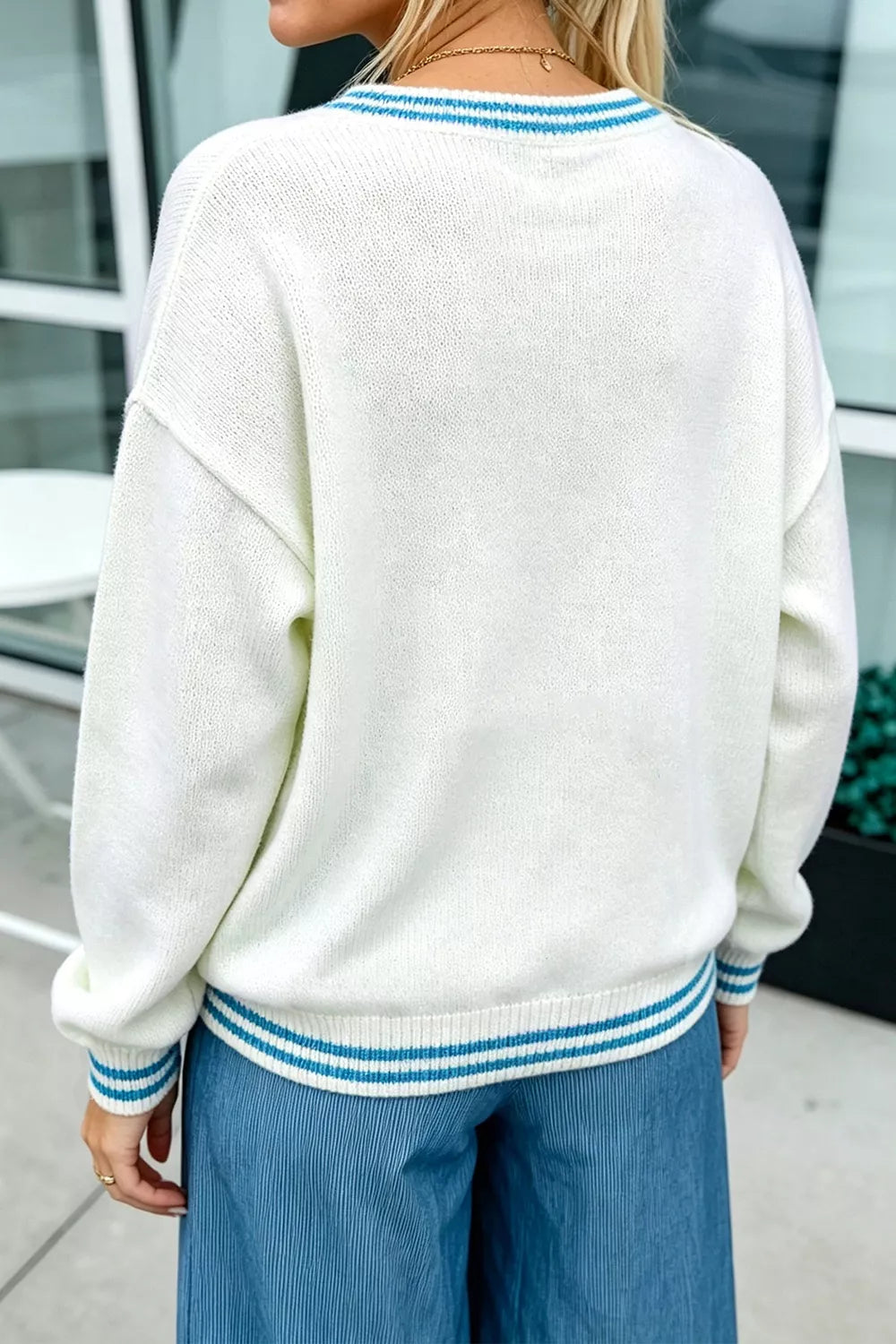 Bulldog Graphic Striped Trim Sweater - Light Blue - View 2