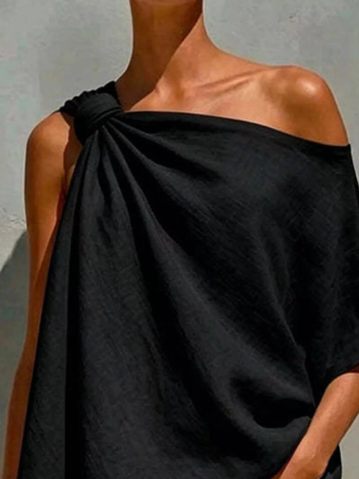 Full Size One-Shoulder Knot Detail Blouse Plus Size - Black - View 2