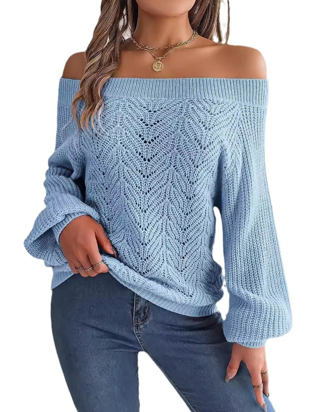 Openwork Off-Shoulder Sweater - Light Blue - View 2