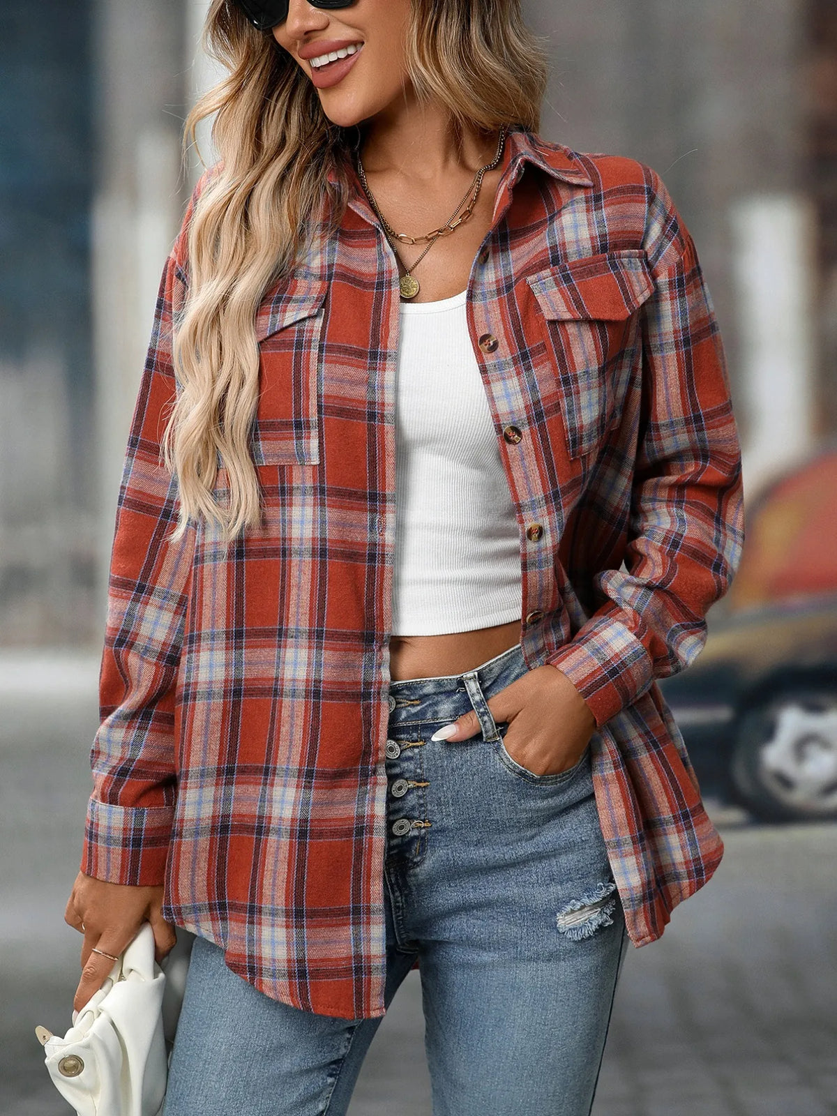 Plaid Button-Down Oversized Shirt - Caramel Color - View 10