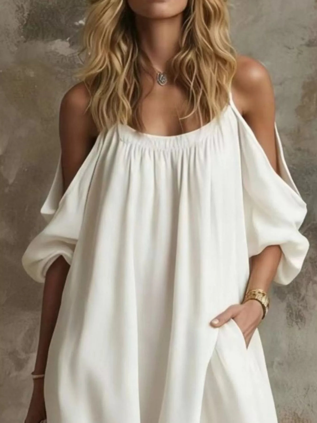 Full Size Cold-Shoulder Linen Maxi Dress Plus Size - White - View 2