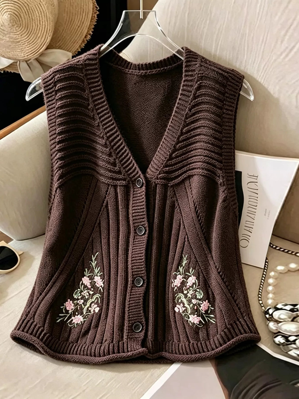 Floral Embroidered V-Neck Button-Down Sweater Vest - Dark Brown - View 1