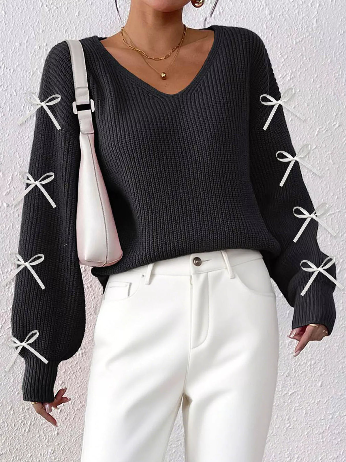 Bow-Tie Sleeve V-Neck Sweater - Black - View 3