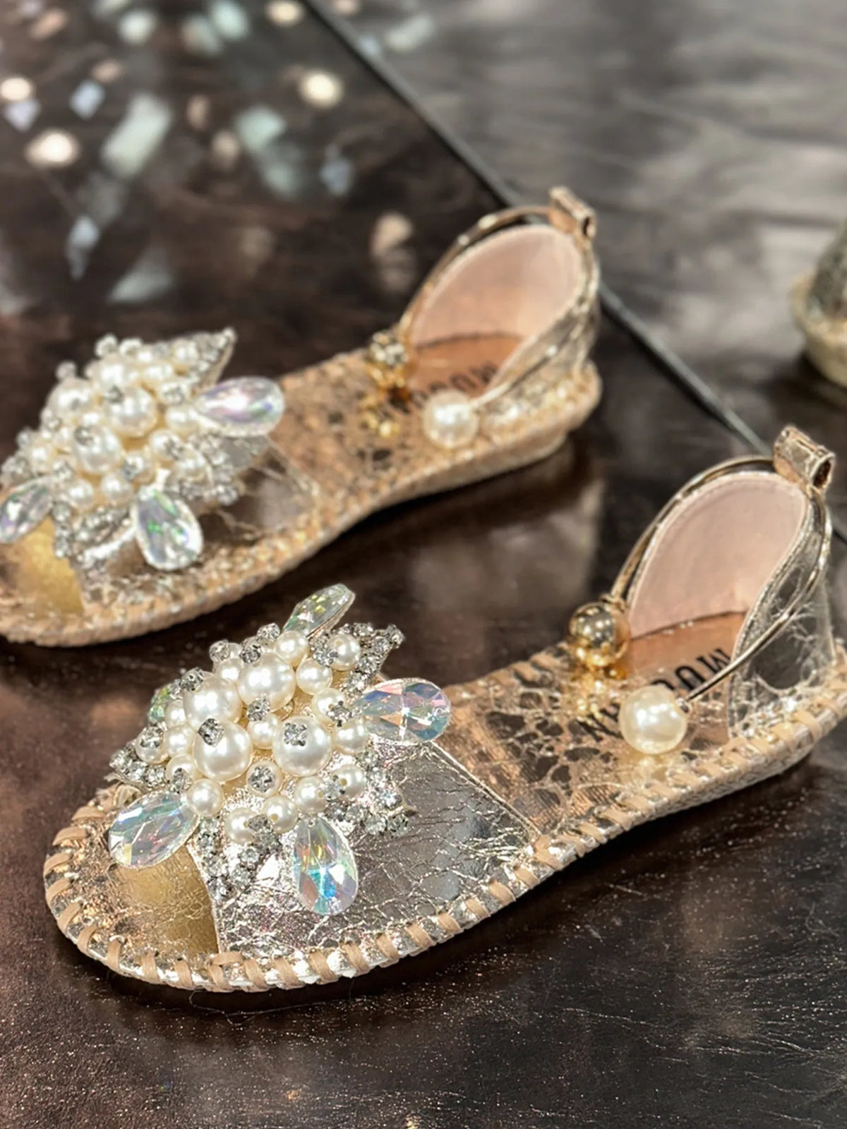 Pearl Embellished Flat Sandals - Gold - View 2