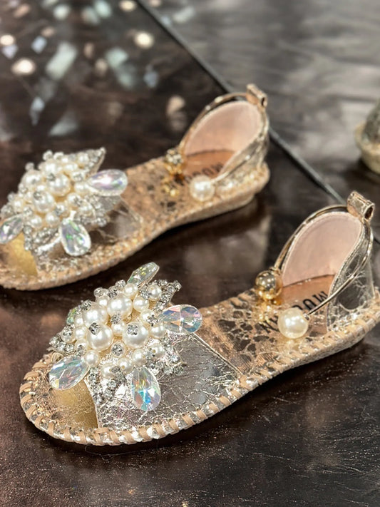 Pearl Embellished Flat Sandals - Gold - View 2