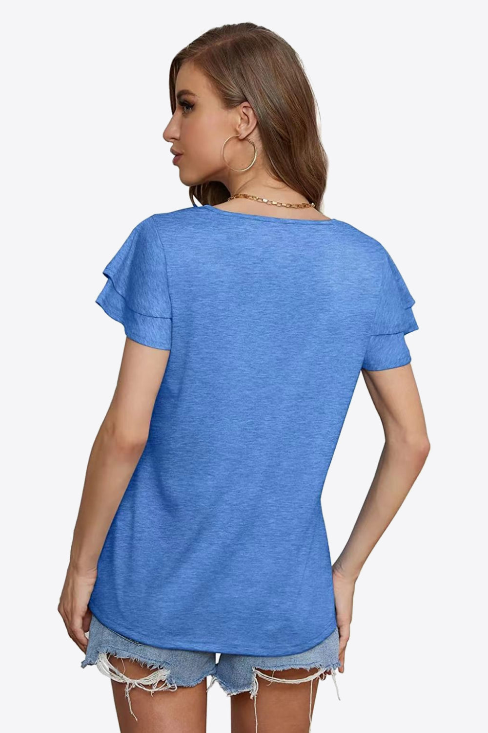Tie-Neck Layered Flutter Sleeve Blouse - Royal  Blue - View 9