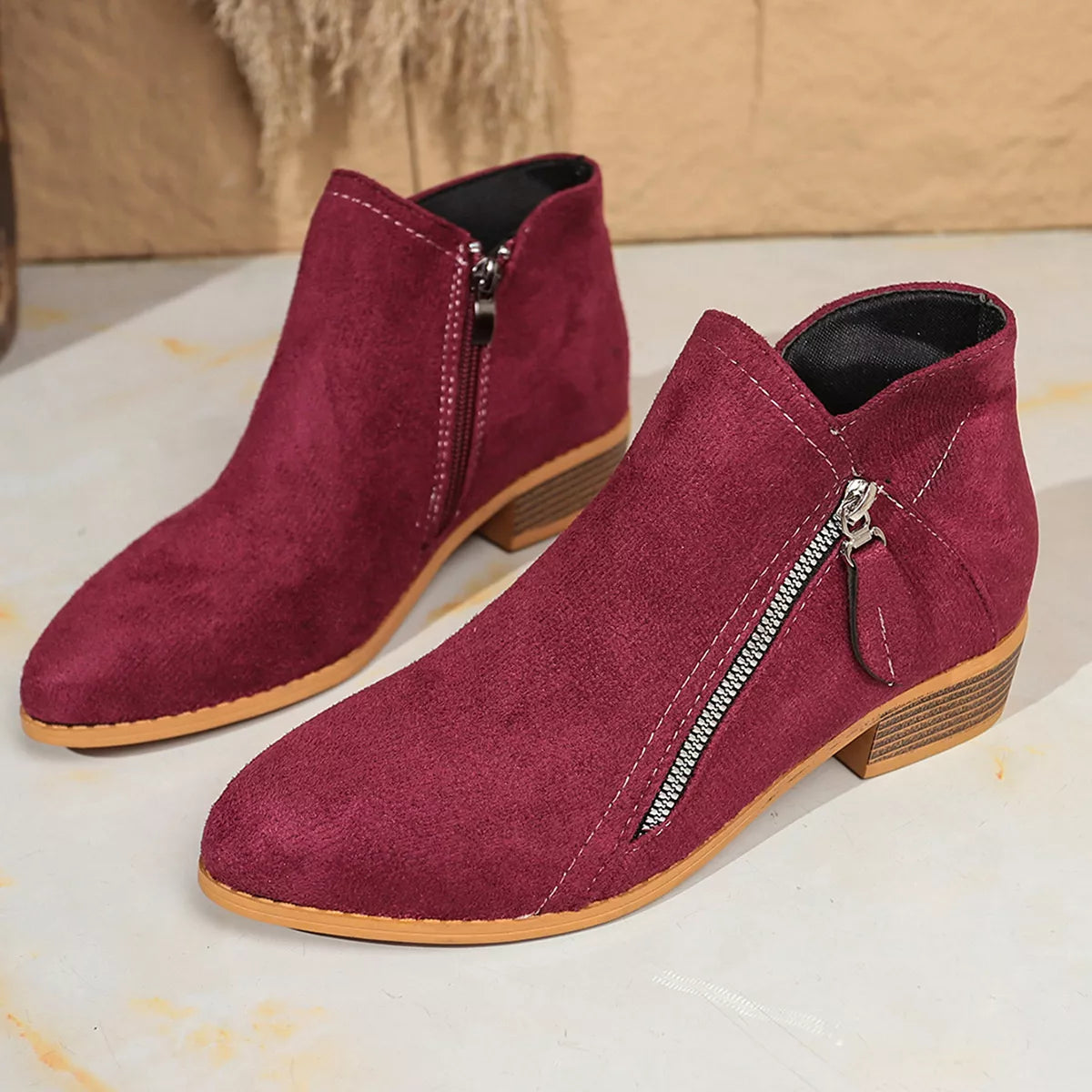 Point Toe Block Heels Boots - Purple Red - View 8