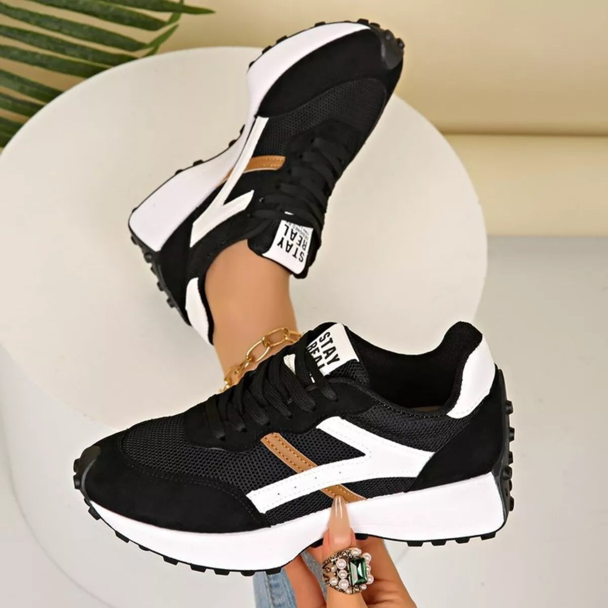 Round Toe Lace Up Sneakers - Black-brown - View 8