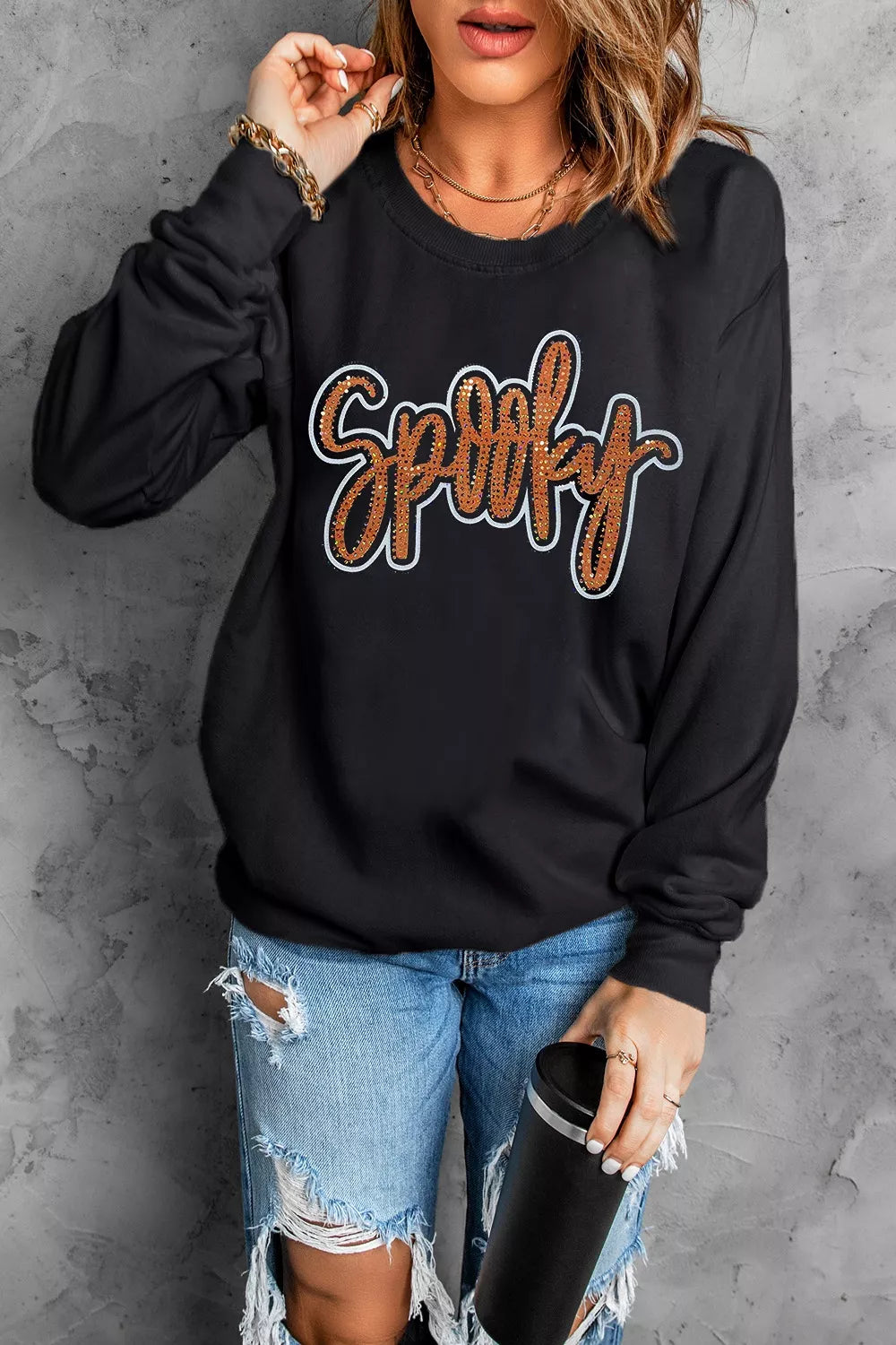 Spooky Rhinestone Drop Shoulder Sweatshirt - Black - View 5