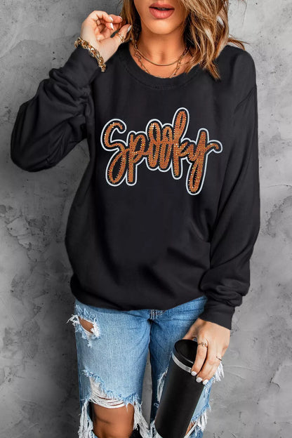 Spooky Rhinestone Drop Shoulder Sweatshirt - Black - View 5