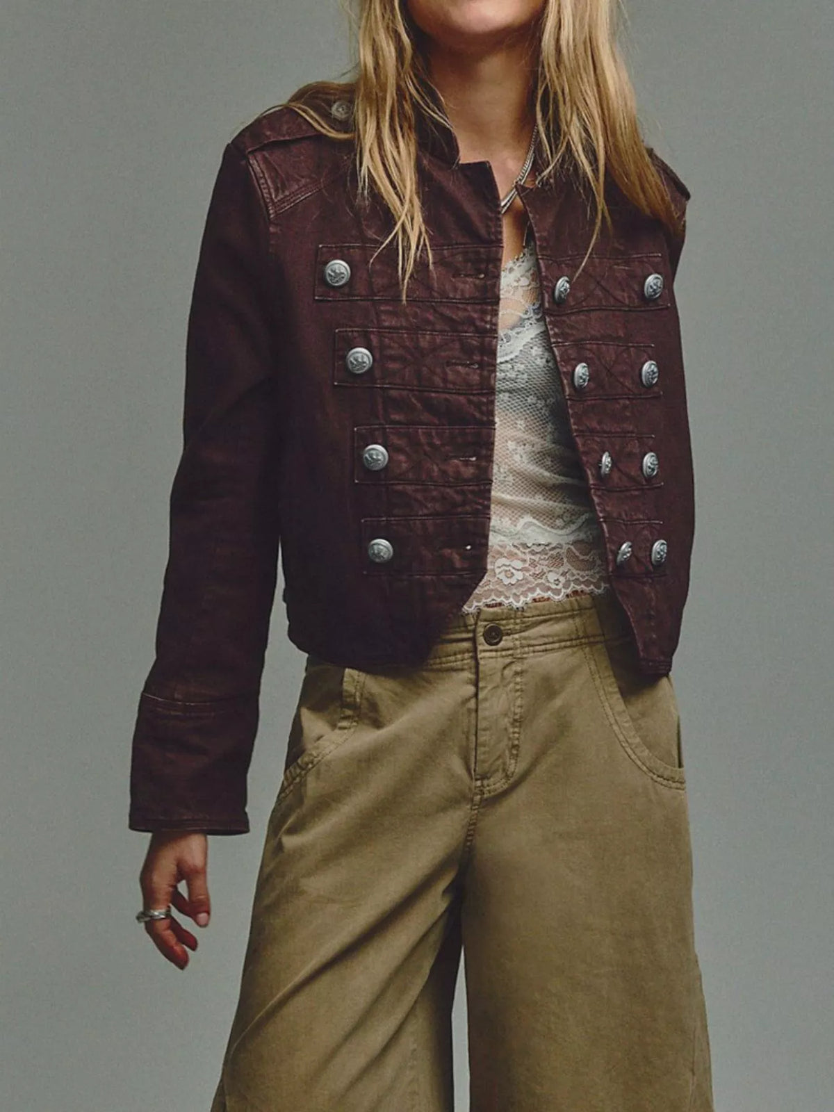 Decorative Button Cropped Jacket - Chestnut Color - View 1