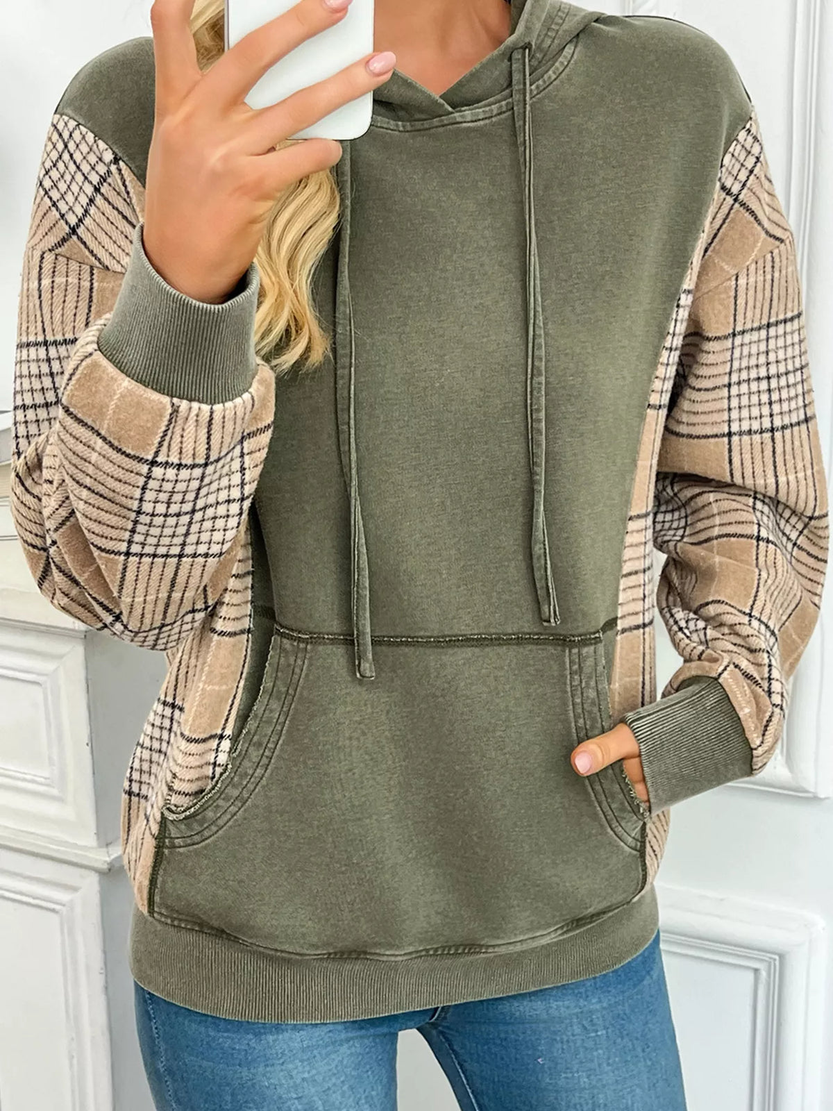 Plaid Sleeve Drawstring Pocket Hoodie - Sage - View 8