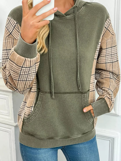 Plaid Sleeve Drawstring Pocket Hoodie - Sage - View 8