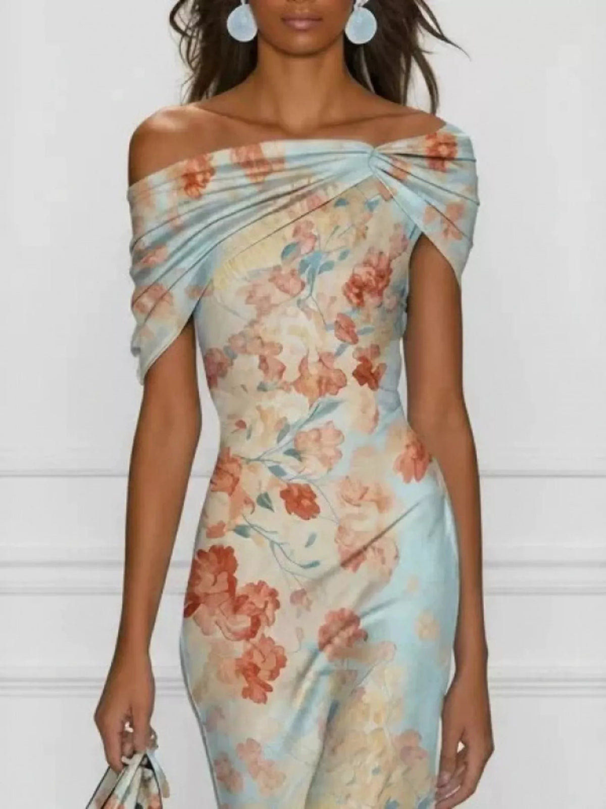 Off-Shoulder Floral Print Bodycon Midi Dress - Pastel  Blue - View 1