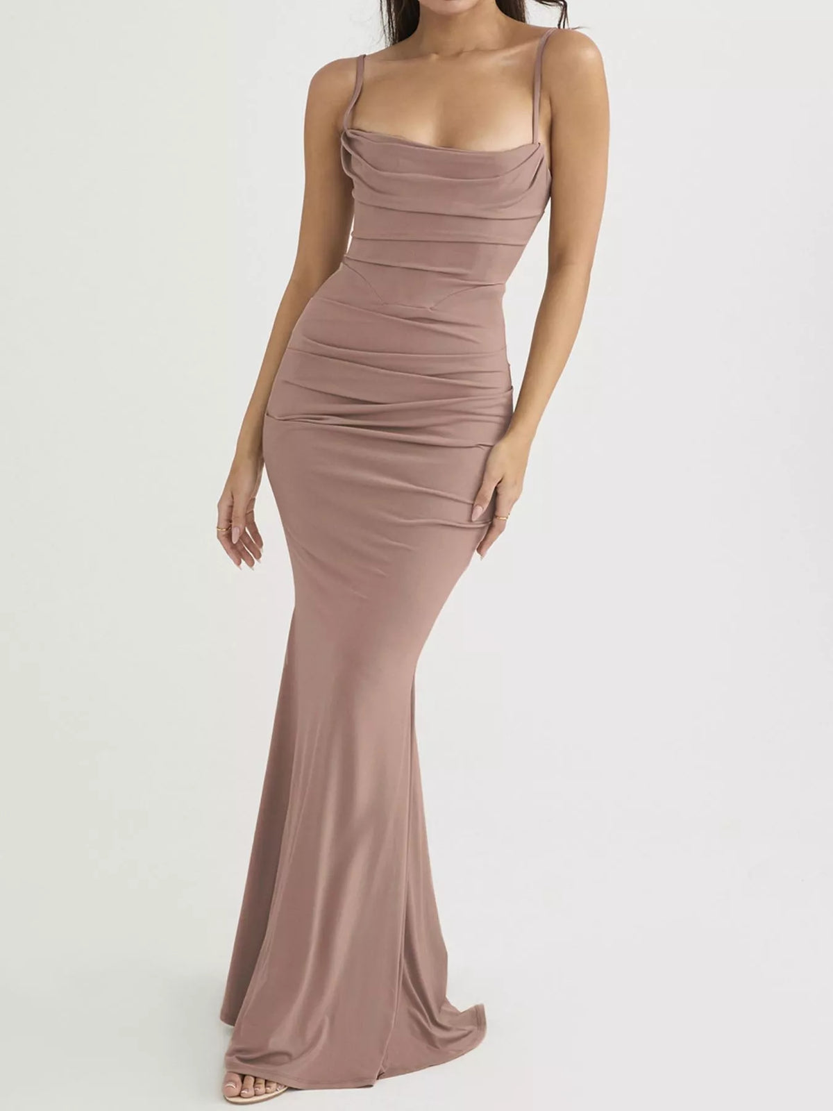 Ruched Spaghetti Strap Bodycon Maxi Dress - Khaki - View 1
