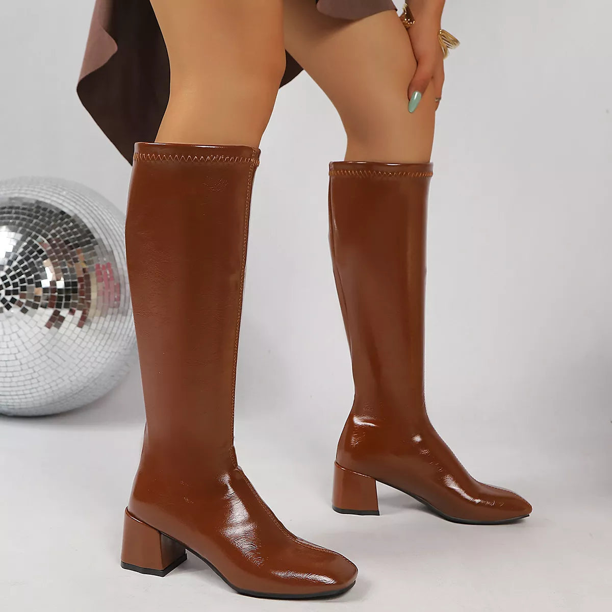 Square Toe Block Heels Boots - Khaki - View 3