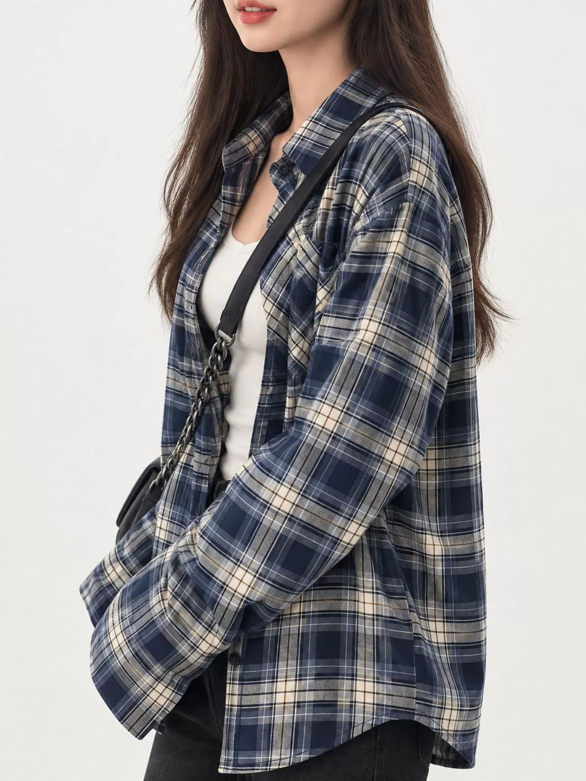 Casual Loose Fit Plaid Shirt - Navy-Plaid - View 3