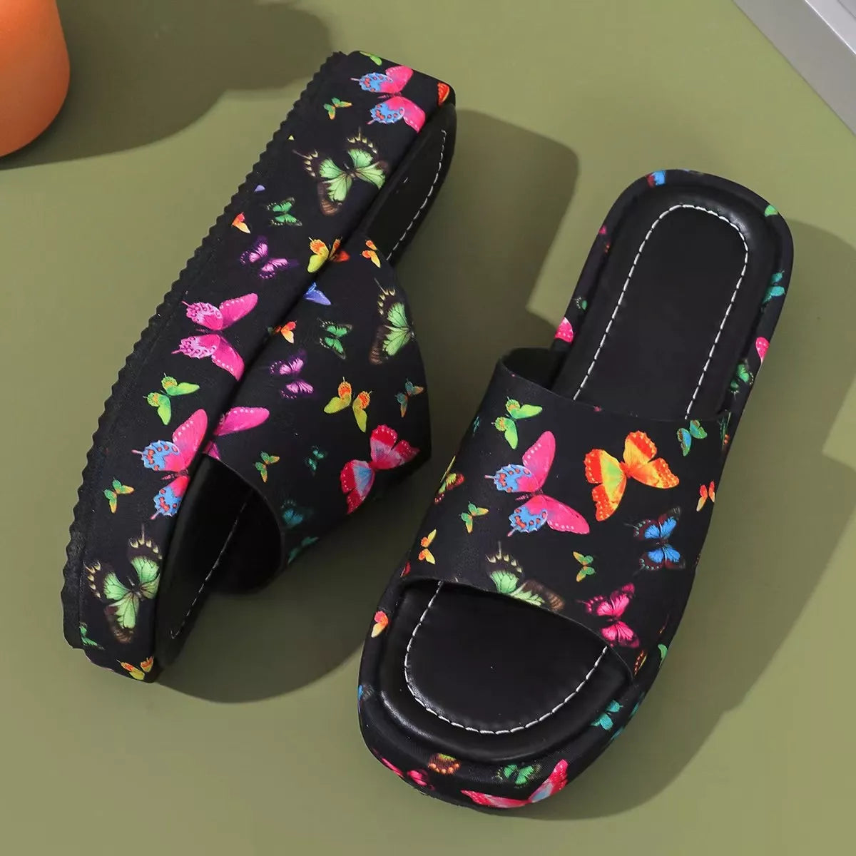 Butterfly Print Platform Sandals - Black - View 2