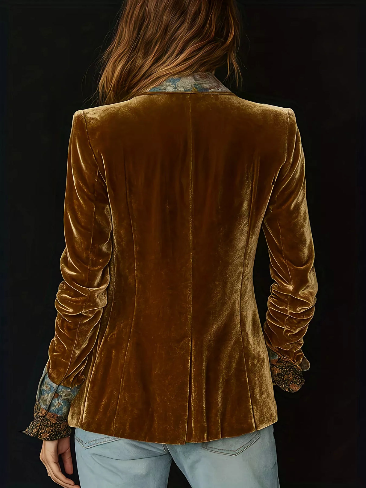 Floral Lapel Collar Velvet Blazer - Gold - View 3