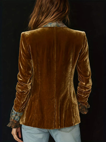 Floral Lapel Collar Velvet Blazer - Gold - View 3
