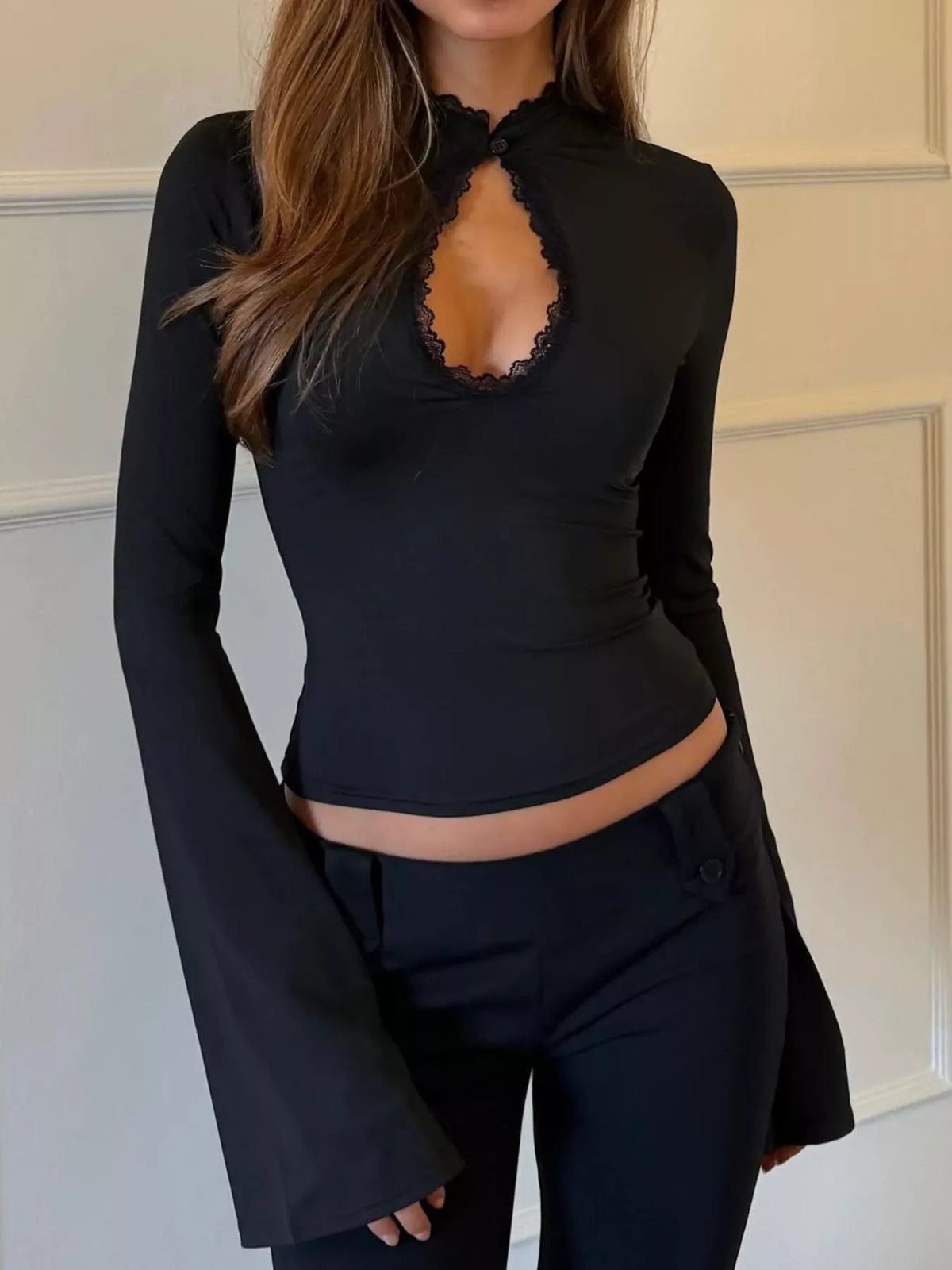 Lace-Trimmed Keyhole Long Sleeve T-Shirt - Black - View 4