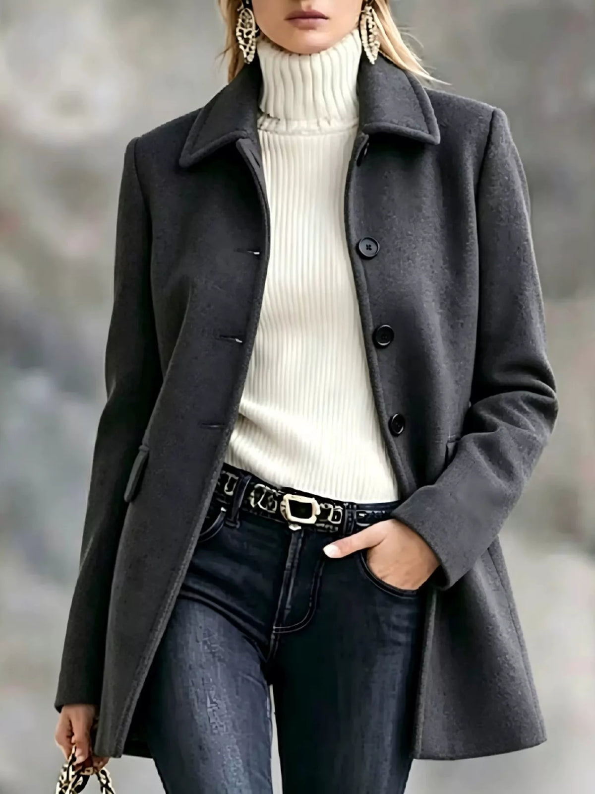 Button Up Collared Neck Coat - Dark Gray - View 11