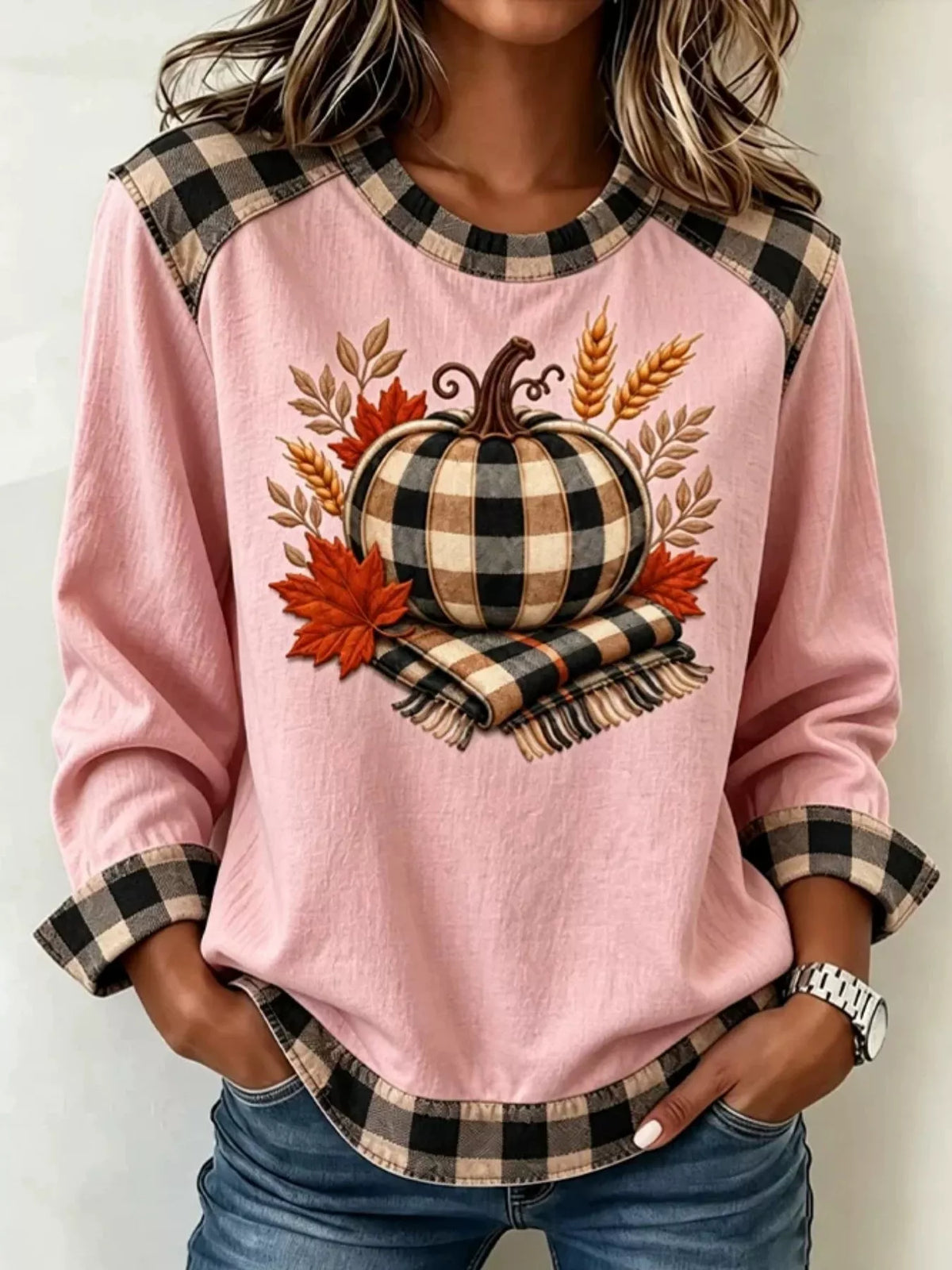 Full Size Pumpkin Plaid Patchwork Long Sleeve Sweatshirt Plus Size - Blush Pink - View 1