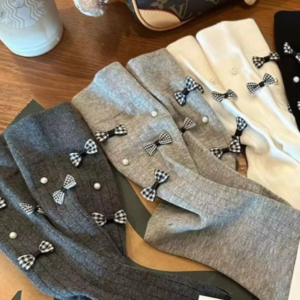 Pearl Detail Bow Crew Socks - Light Gray