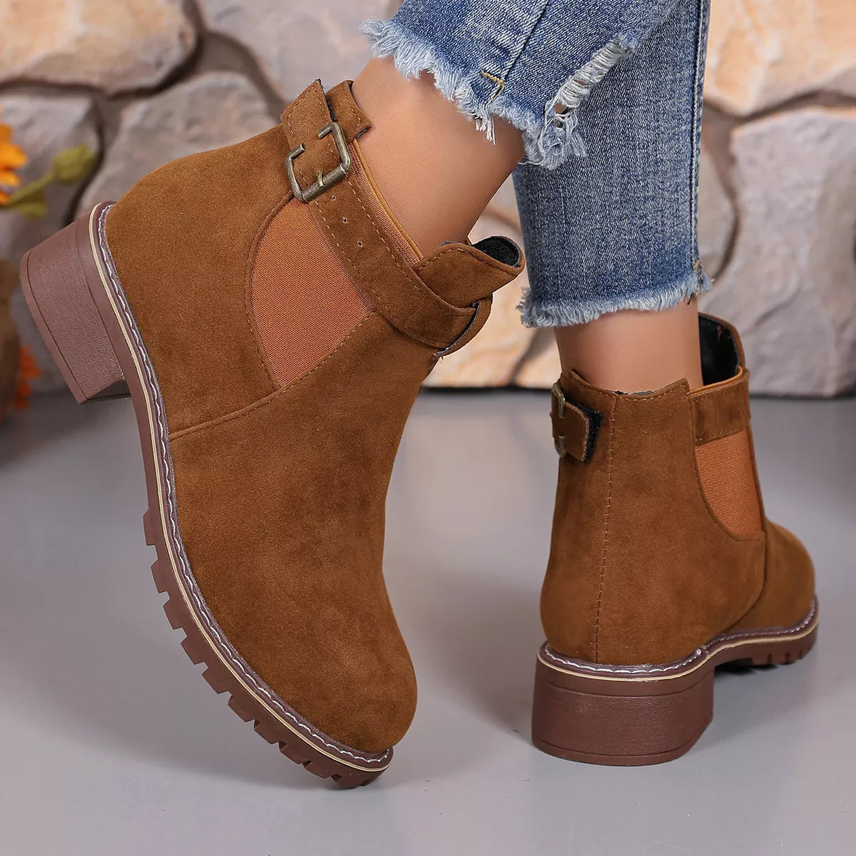 Round Toe Block Heels Boots - Brown - View 6