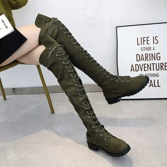 Lace-Up Over-the-Knee Boots - Green - View 1