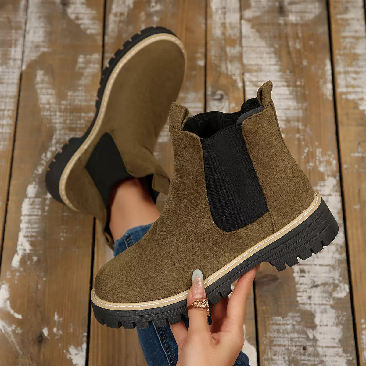Round Toe Block Heels Boots - Army Green - View 13