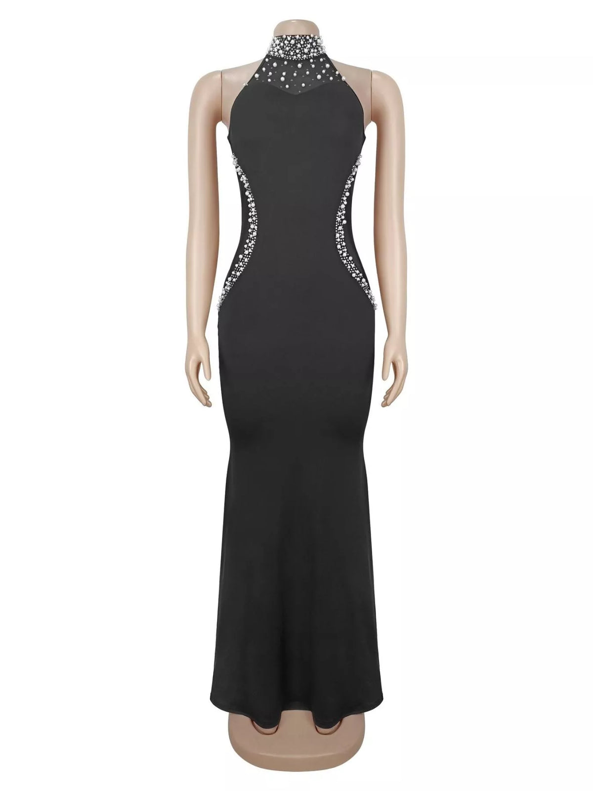 Pearl Detail Rhinestone Sleeveless Maxi Dress - Black - View 9
