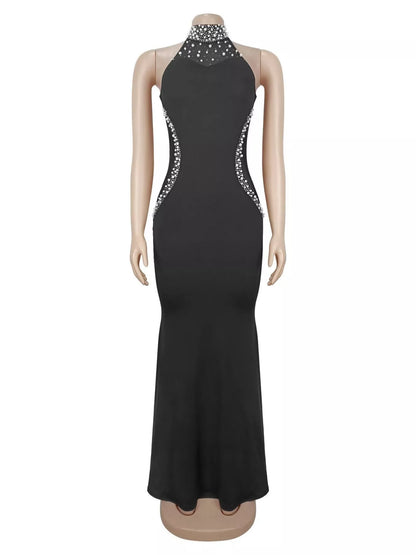 Pearl Detail Rhinestone Sleeveless Maxi Dress - Black - View 9